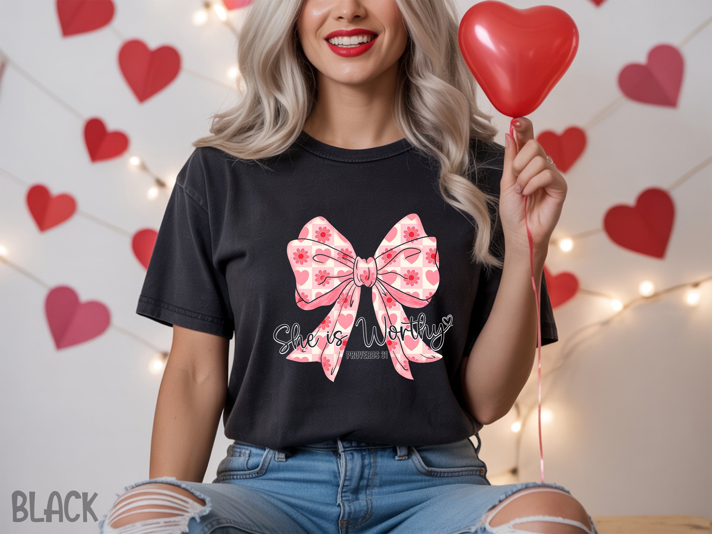 valentines 007 she is worthy valentines bow tee
